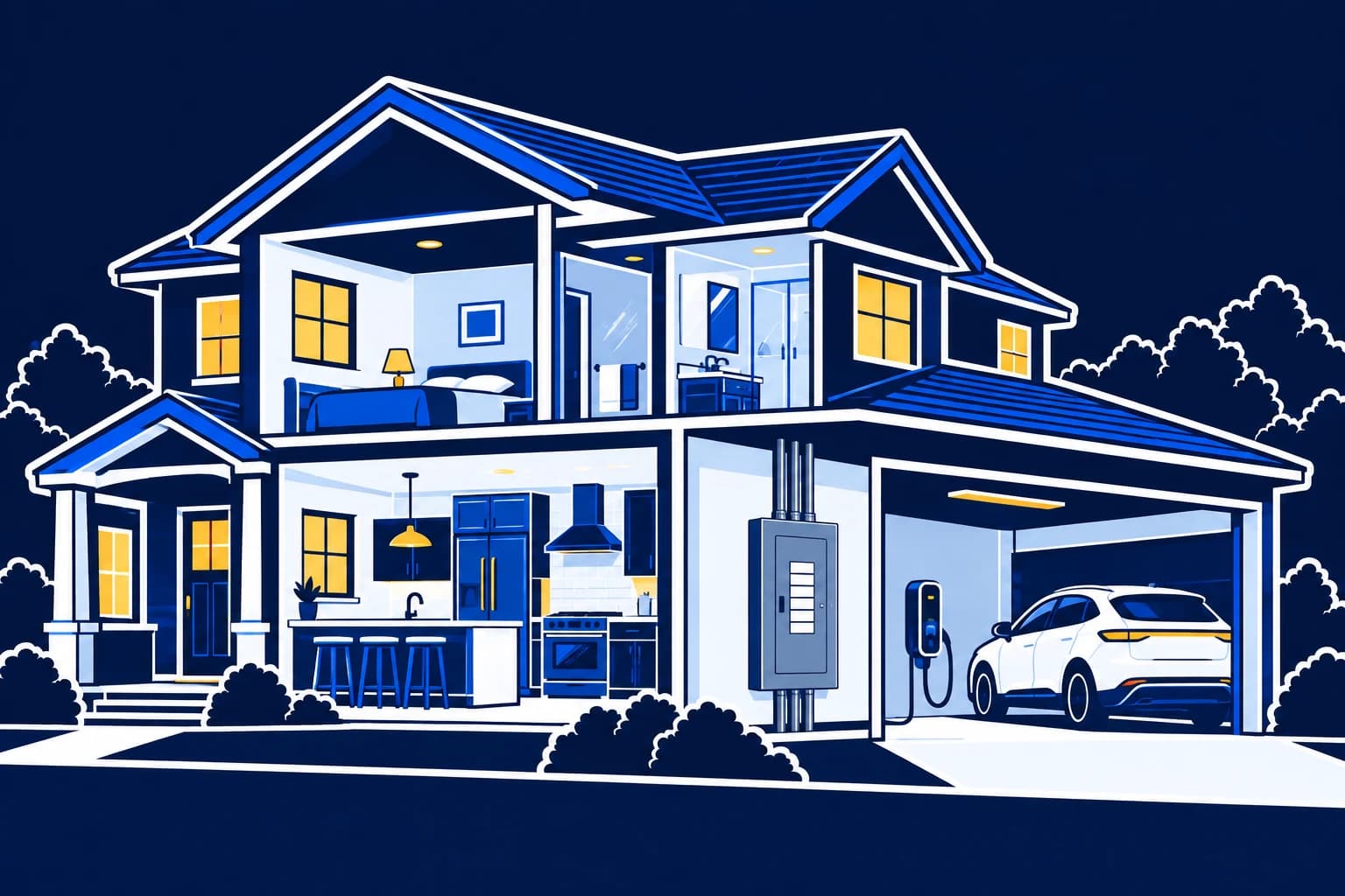 Illustration of a home electrical panel and EV charging setup