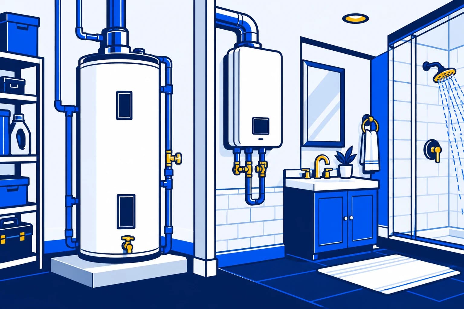 Illustration of tank and tankless water heater options in a home